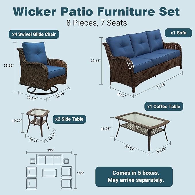 Luxury Patio Conversation Set, 8-Piece Ergonomic High Back Wicker Sofa&Swivel Chair Set with 6-Inch Deep Seating Cushions, Large Patio Furniture Set for Garden, Deck & Balcony, Navy Blue