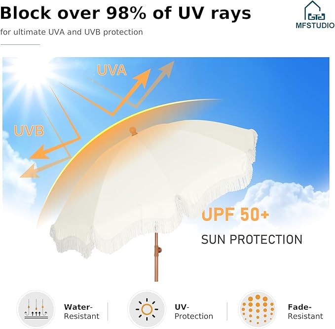 MFSTUDIO 7ft Patio Beach Umbrella with Fringe, Tassel Umbrellas UPF50+ with Sand Anchor & Tilt Button, Holiday Outdoor Umbrella with Carry Bag, Ideal for Garden Lawn Poolside, Ivory
