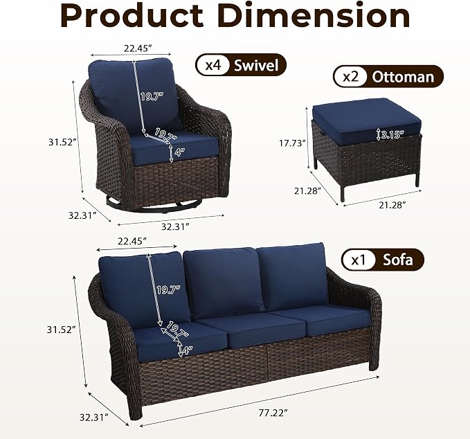 7 Piece Patio Wicker Conversation Set, All-Weather Use Outdoor Wicker Sofa with 4 PE Rattan Ottomans,4 Swivel Chair, Ideal for Porch, Backyard, Balcony, Poolside, Blue