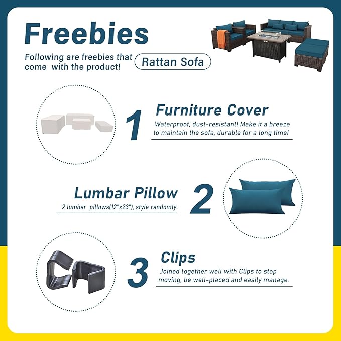 6 Pieces Outdoor Furniture 60000BTU Outdoor Propane Fire Pit Wicker Patio Furniture Set 45" Steel Fire Table Anti-Slip Cushions Waterproof Covers, Peacock Blue