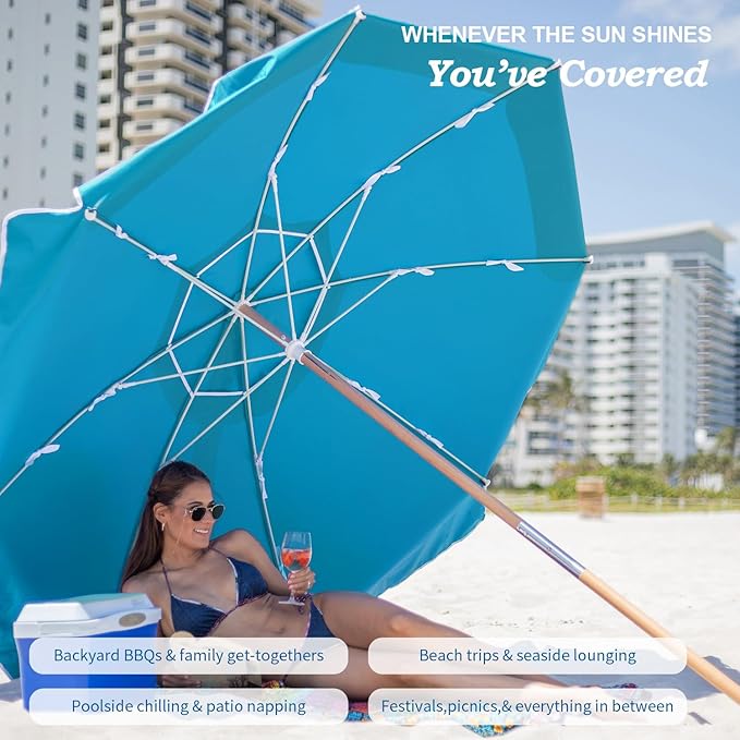AMMSUN 7.5ft Heavy Duty HIGH Wind Beach Umbrella Commercial Grade Patio Beach Umbrella with Air Vent Ash Wood Pole & Carry Bag UPF 50+ Protection Lake Blue