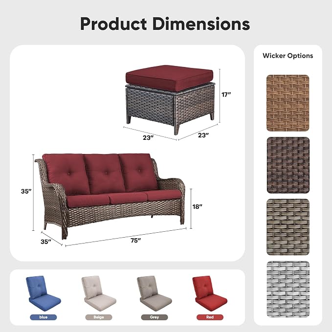Belord 3-Piece PE Wicker Outdoor Sofa with 2 Ottomans, Luxury Patio Couch Convertible to Chaise Lounge, All-Weather High Back Deep Seat Woven Furniture for Deck, Porch - Brown/Red