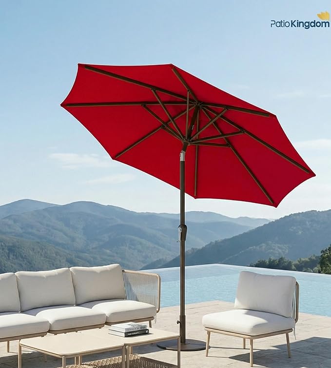PatioKingdom Auto-Tilt 9FT Patio Umbrella Outdoor with 8 Sturdy Fiberglass Ribs,Market Table Umbrella for Pool,Backyard,Deck and Garden