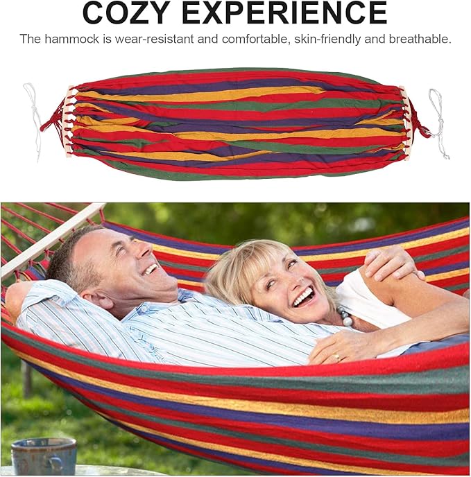 FRCOLOR Double Anti-roll Hanging Hammock, Camping Hiking Garden Outdoor Use, Wide Striped Canvas with Duckbill Buckle, Portable Travel and Backyard Patio Hammock