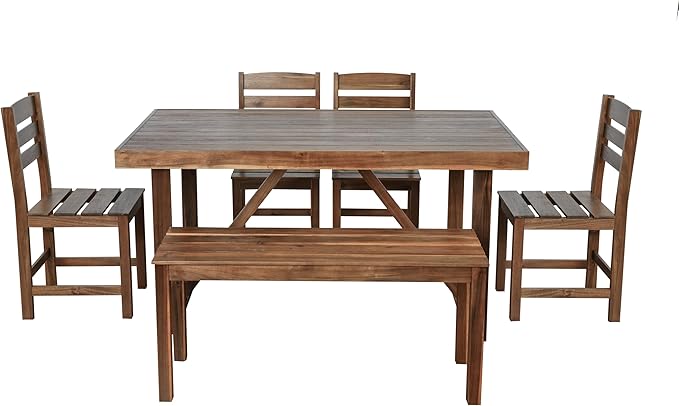 RuiSiSi Outdoor Dining Set for 6, Acacia Wood Patio Dining Table Set with Bench and 4 Chairs for Balcony, Backyard, Garden, Brown