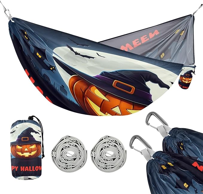 Hammocks for Outside Glowing Jack-o-Lantern Camping Hammock Portable Hammocks with Tree Straps and Carry Bag Camping Accessories for Hiking Beach Outdoor