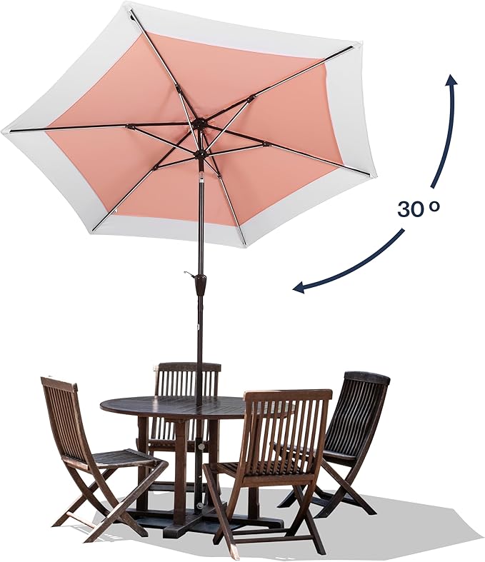 JONATHAN Y Spencer 9 ft. Solar Powered LED Patio Umbrella with Crank and Tilt, Hexagon Outdoor Market Sunshade for Garden, Deck and Pool, Coral Pink/White, Dark Brown Pole UMB1100D