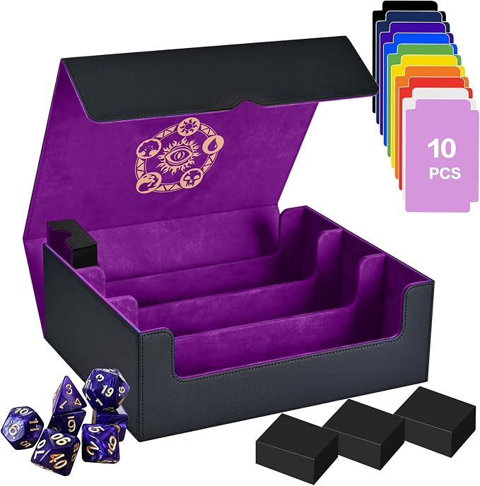 PROMAXIBINDER Trading Card Storage Box for MTG/TCG/YuGiOh, Commander Deck Case Fits 2000+ Cards, 10 Dividers, Dice Set, 3 Foam Stoppers, PU Leather, Magnetic Closure, Magic, Sports Cards (Purple)