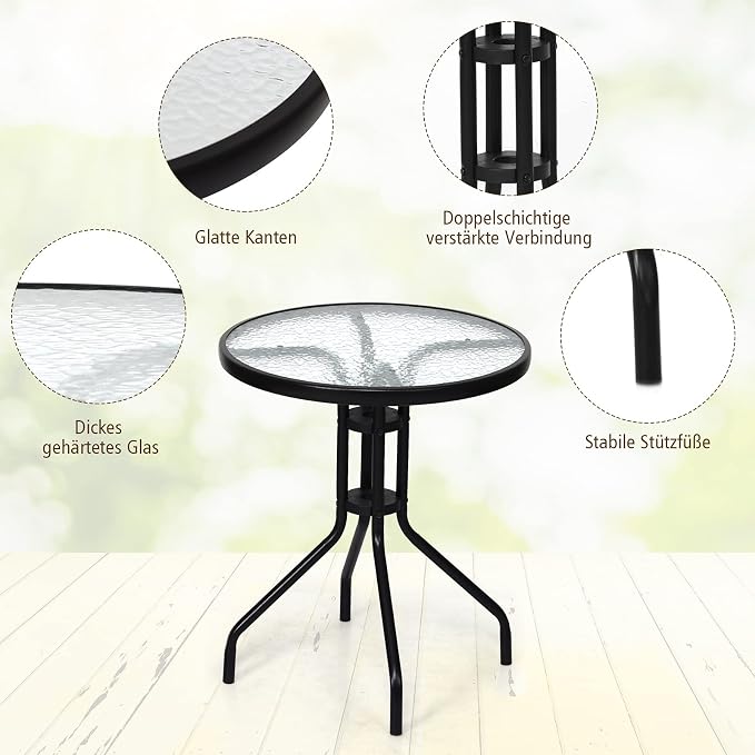 SPSUPE 3 PCS Outdoor Patio Set, Dining Furniture Set with Round Table, 2 Folding Chairs, Glass Tabletop, Ideal for Garden Pool Backyard Versatile Bistro Set