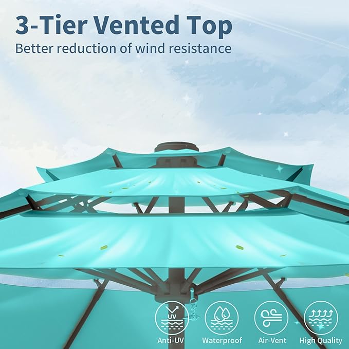 9FT 3 Tiers Patio Umbrella With Auto Tilt And Crank, Outdoor Table Market Umbrella with 8 Sturdy Ribs for Garden, Lawn, Deck, Backyard and Pool