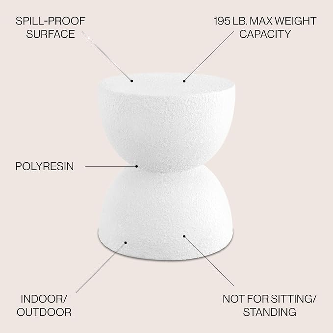 JONATHAN Y Greta Hourglass Outdoor Side Table and Stool, 18" Modern Textured All-Weather Accent End Table for Patio, Deck, or Garden, White Frosted TBL1100A