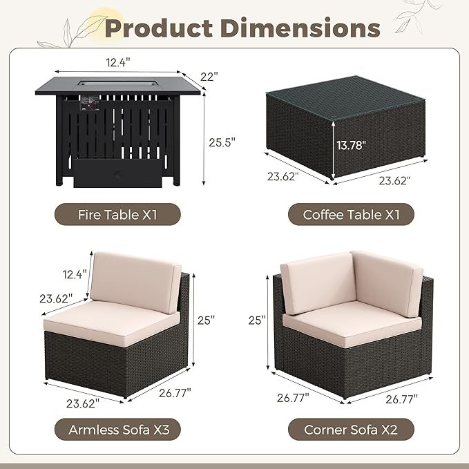 Flamaker 7 Pieces Patio Furniture Set with Fire Pit Table Outdoor Sectional Patio Sofa Furniture Set with Gas Fire Pit and Coffee Table & Ottoman Cushion Pillows, Beige