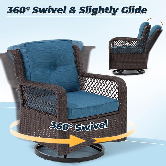 3 Pieces Patio Swivel Chairs, Wicker Patio Conversation Sets with Rocking Chair, Side Table for Outdoor Garden Porch Backyard(Blue)