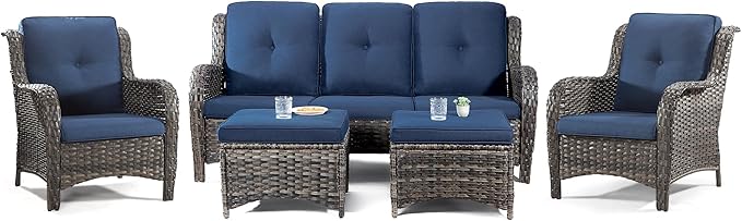 Patio Furniture Set 5-Piece Wicker Outdoor Furniture Conversational Set with 3-Seat Sofa, 2 Armchairs, 2 Ottoman Patio Rattan Wicker Sectional Sofa Set with Olefin Cushions, Blue