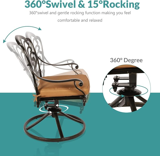 MEETWARM 9-Piece Outdoor Patio Dining Set, All-Weather Cast Aluminum Patio Conversation Set with 2 Swivel Rocker Chairs, 6 Stationary, 1 Oval Table, 8 Cushions, 2" Umbrella Hole
