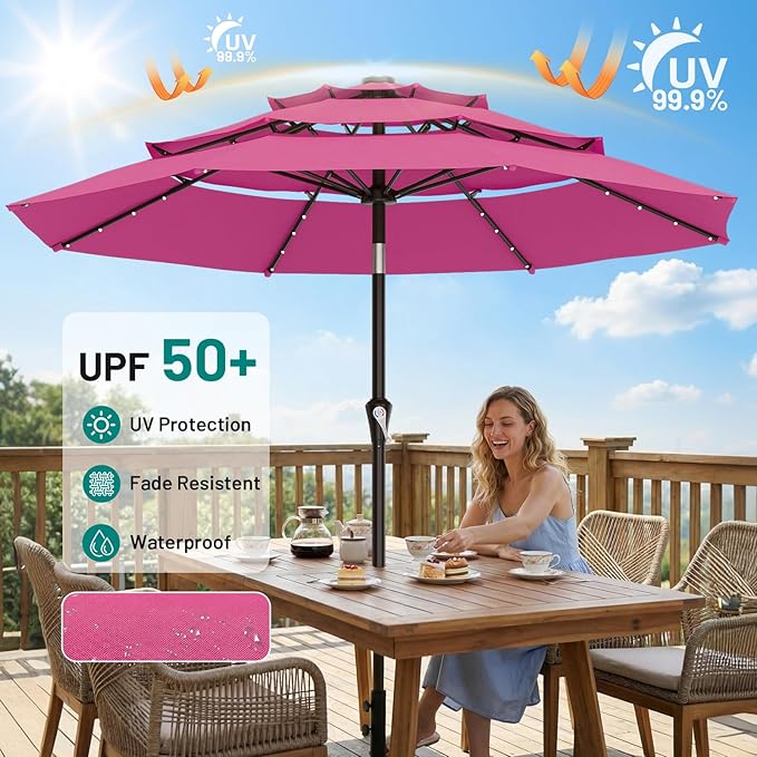 AreShark 9ft 3 Tiers Patio Umbrella with Solar Lights, Outdoor Umbrella w/ 32 LED Lights&8 Sturdy Ribs, Table Umbrella for Deck, Backyard, Pool (Rose Pink)