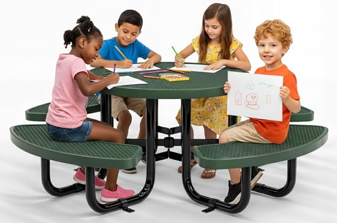 Round Metal Picnic Tables for Kids for Outdoors with Umbrella Hole, Adjustable Seats for School, Park, Playground (Green, 38 in, Kids, Expanded Steel)