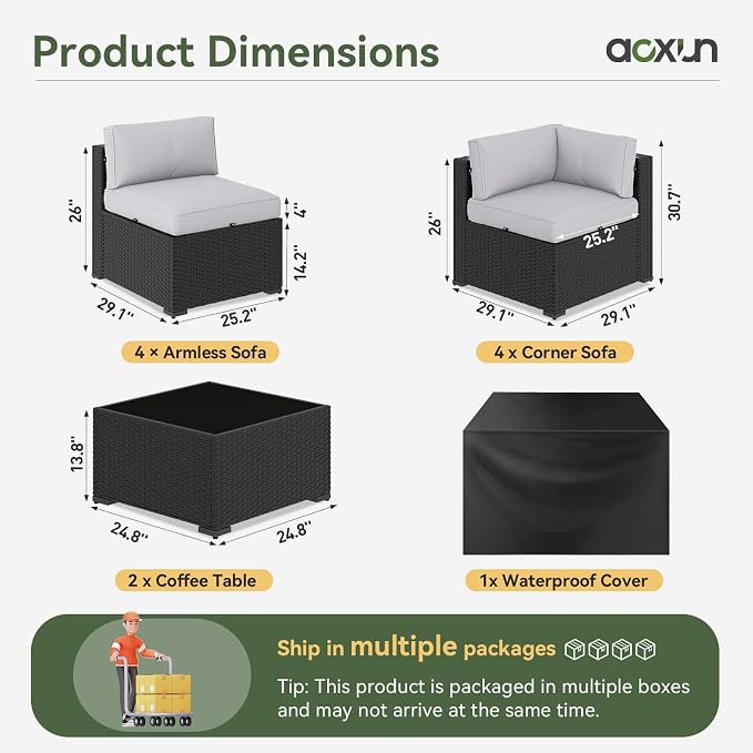 Aoxun 10 Piece Patio Furniture Set Wicker Rattan Patio Sectional Sofa Set Outdoor Seating Furniture with Thickened Cushion, Light Gray