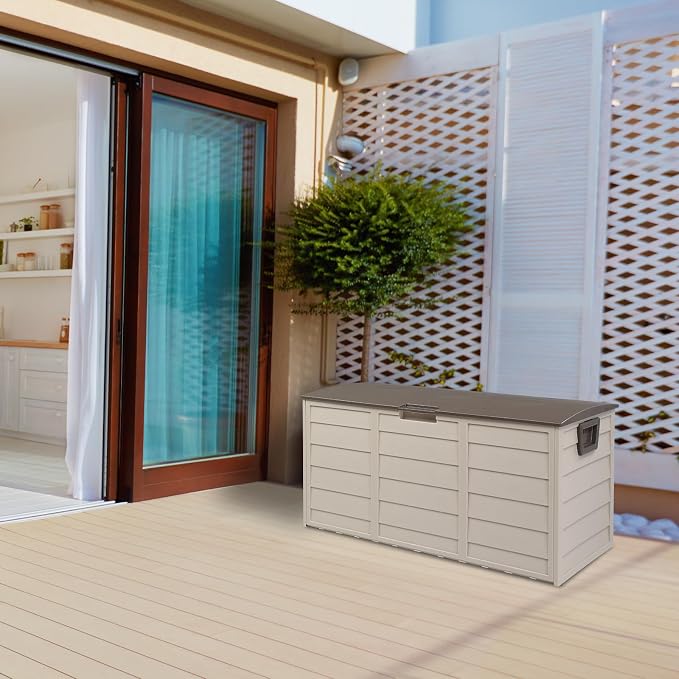 75 Gallon Resin Deck Box,Outdoor Large Resin Deck Box,Lockable Container for Patio Furniture Cushions Garden Tools (Brown)
