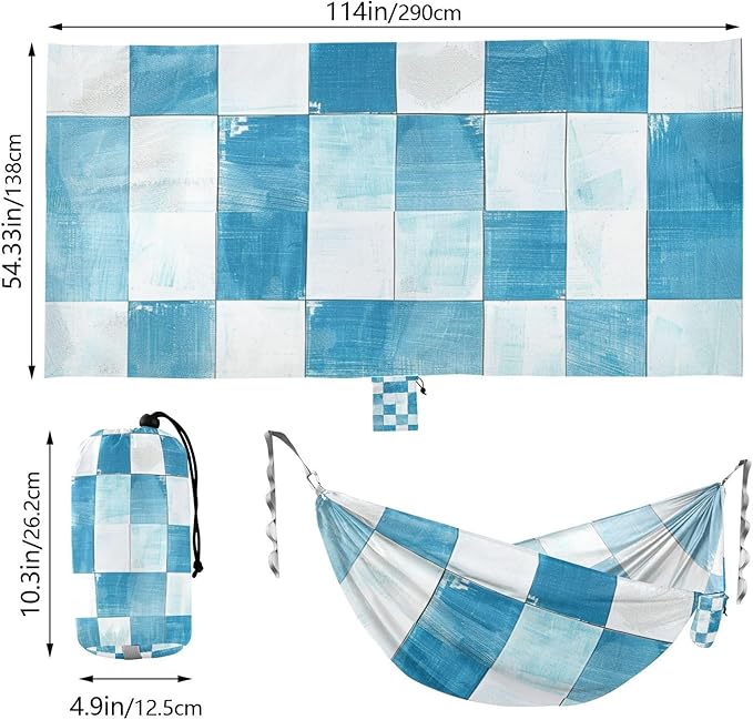 Light Blue and White Checkered Pattern 330lb Capacity Hammocks for Camping with Portabl Carry Bag Tree Hammock for Outside Patio Garden accesorios para Camping