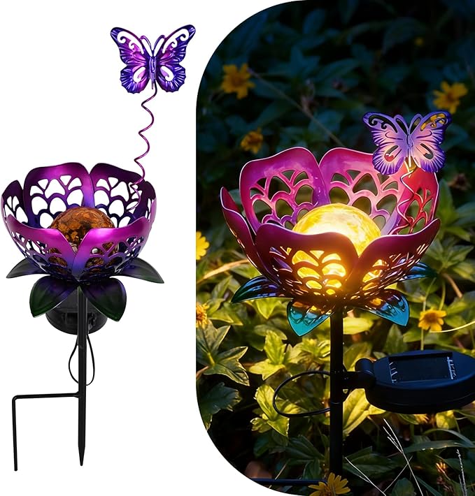 Solar Lights Outdoor Garden Decor, Metal Tulip & Butterfly Decoration Solar Lawn Lamp for Courtyard, Metal Flowers Outdoor Waterproof for Landscape Patio Yard Decor (Purple)