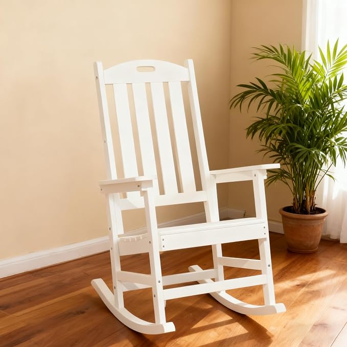 Wooden Rocking Chairs Outdoor, High Back and Armrest Porch Chair, All Weather Porch Rockers, for Porch/Garden/House Use.（White）