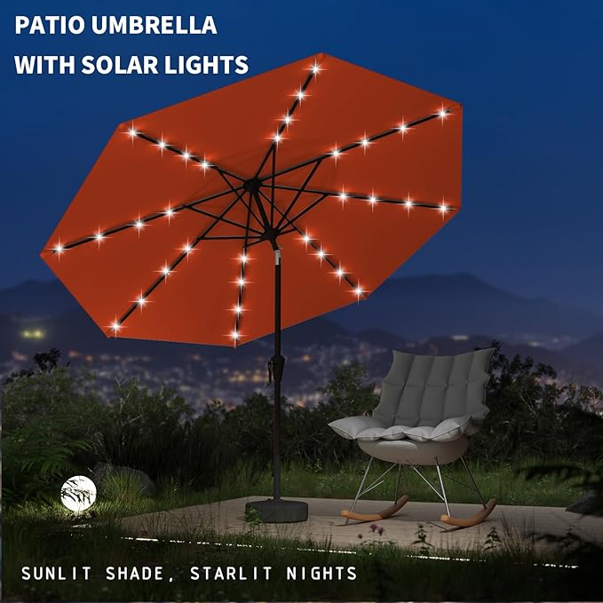 9FT Patio Umbrella with Solar Lights,Outdoor Market Umbrella with Tilt and Crank, LED Lighted Table Umbrella for Garden,Deck,Backyard,Pool,Beach (Orange)