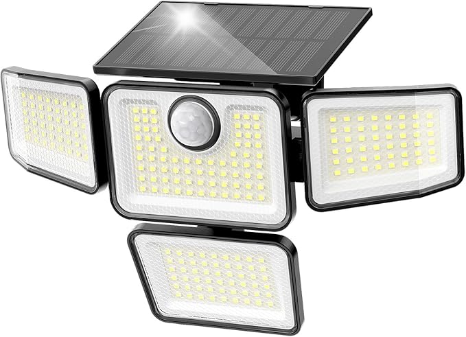 3000LM Solar Lights Outdoor, 4 Adjustable Heads Motion Sensor Security Light, 3 Modes, 6500K, IP65 Waterproof Solar Wall Flood Lights for Garden, Outside, Backyard, 1 Pack