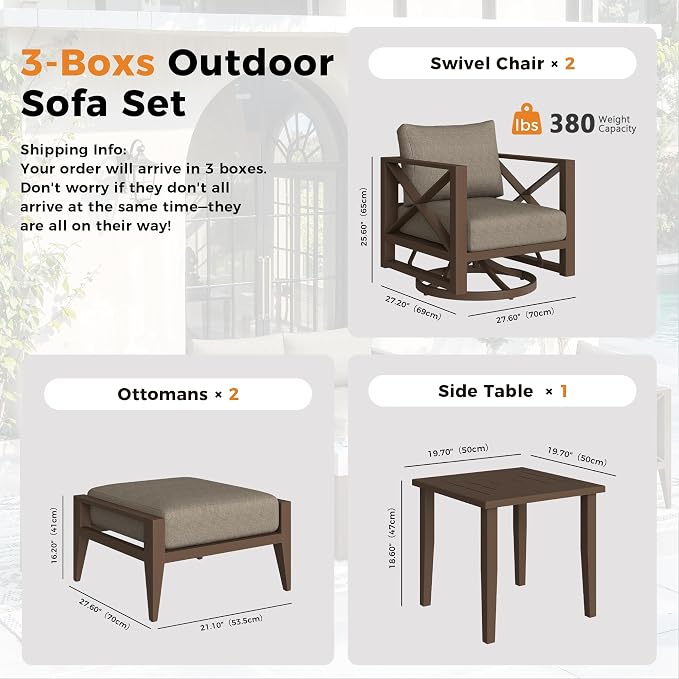 5-Pieces Square Aluminum Patio Furniture Set, Outdoor Swivel Rocking Chairs with 5.2" Thick Cushions & 2 Ottomans, All-Weather Rust-Resistant Frame Conversation Set for Porch, Garden, Backyard, Brown