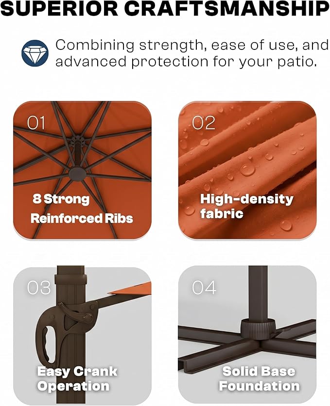 8' X 8' Patio Umbrella, Cantilever Umbrella with 360°Rotation, Offset Patio Umbrella with Easy Tilt & Fade Resistance for Pool Deck Garden Backyard, Orange (Base not Included)