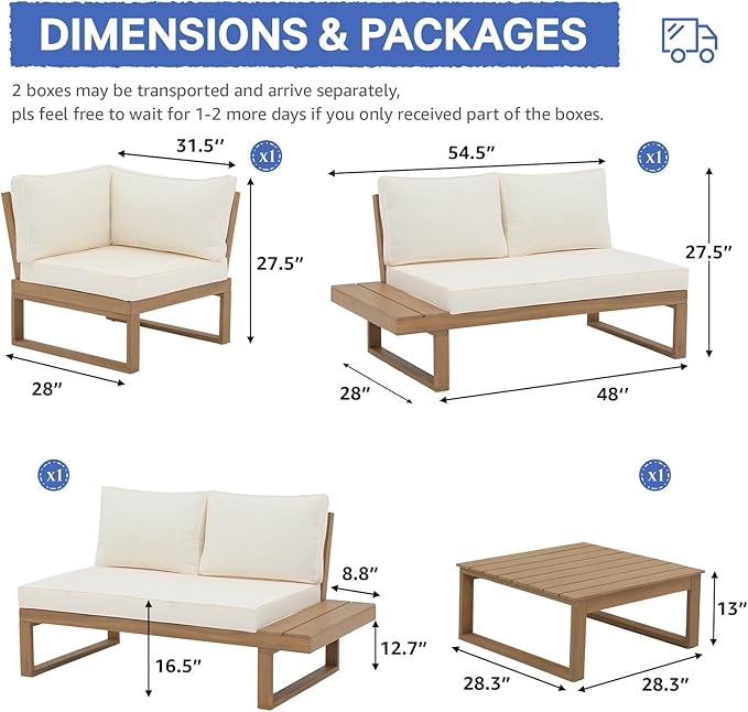 Soleil Jardin 4 Piece Acacia Wood Patio Furniture L-Shaped Outdoor Sectional Sofa Set with Coffee Table, FSC Certified Conversation Set with Built-in Side Table and Cream White Cushions for Garden