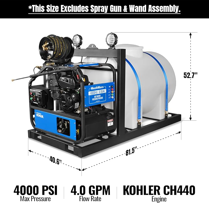 MechMaxx 4000 PSI 4 GPM Kohler E-Start Engine Hot Water Pressure Washer Skid Mounted with 245 Gal Tank, Model HPW40KBT