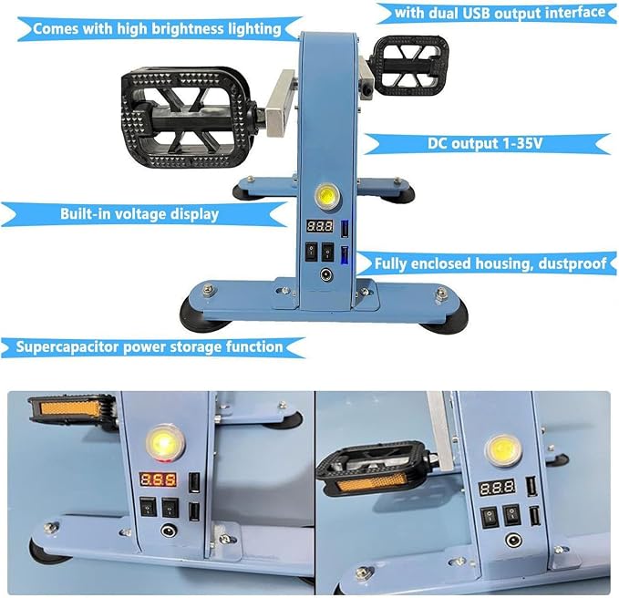 Foot Pedal Power Generator, 100W Pedal Generator, Hand Crank Generator DC 1-35V Output, Foot Pedal Generator with Double USB Interface and LED Lighting, for Household Outdoor Mobile