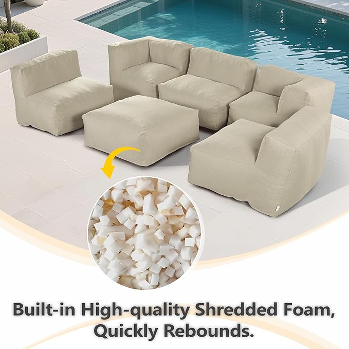 Patio Furniture Set, 6 Pcs Outdoor Conversation Set with Bean Bag Middle Chairs, Corner Chair, Ottomans, Modern Foam Couch Set for Garden, Deck, Balcony (6, Light Beige)