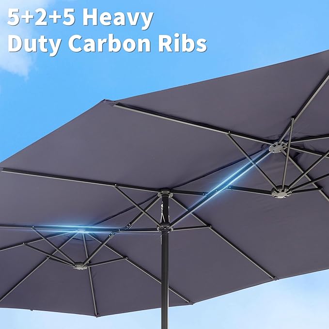 15FT Large Double Sided Patio Umbrella with Base, Aluminum Crank and Heavy Duty Carbon Steel Ribs Outdoor Umbrellas, Fade Resistant Rectangular Market Umbrella for Garden, Patio, Restaurant, Business, Deck, Backyard, Navy Blue
