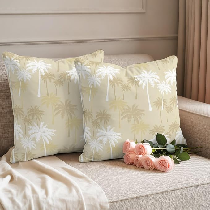 Throw Pillow Covers 18x18 Inch Set of 2, Tropical Palm Tree Waterproof Outdoor Pillow Covers, Beige White Plants Coastal Leaf Beach Decorative Cushion Pillowcases for Couch, Sofa, Bed, Garden, Patio