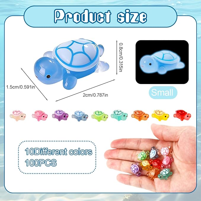 100PCS Mini Resin Turtles, Small Colorful Turtle Figurines Bulk Set | Tiny Resin Animals for Ocean Theme Party Decor, DIY Crafts, Cake Toppers (10 Vibrant Colors)