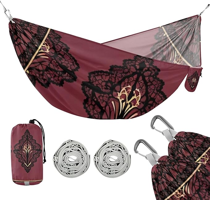 Burgundy Lace Outdoor Hammocks with Tree Straps Cloth Hammock for Camping Travel Accessories