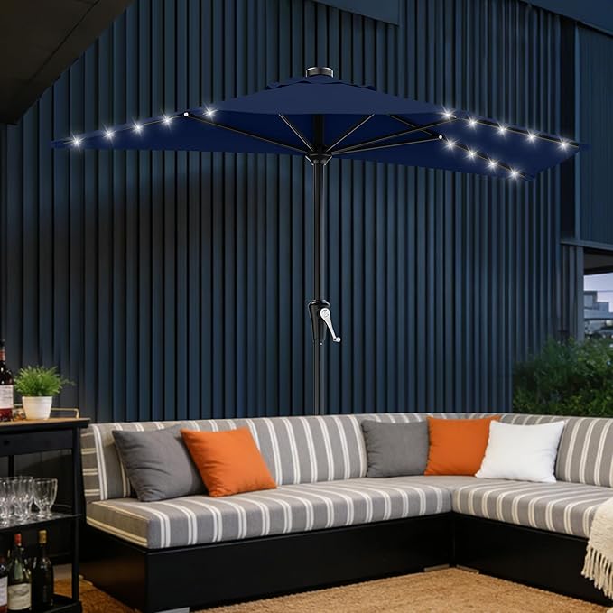 AreShark 9ft Patio Half Umbrellas with Solar Lights, 1/2 LED Half Outdoor Umbrella w/ 20 LED Lights, Lighted Table Wall Umbrella with Crank & 5 Sturdy Ribs for Market, Pool, Deck, Lawn and Garden, Navy