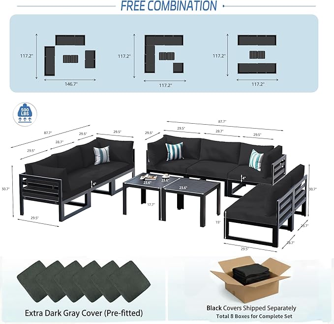 NICESOUL 10 Piece Large Luxury Aluminum Patio Conversation Set, 29" Deep Wide Comfortable Sitting, L Shaped Modular Sectional Couch, 500 lbs Heavy Duty All Weather Outdoor Sofa for Backyard, Black