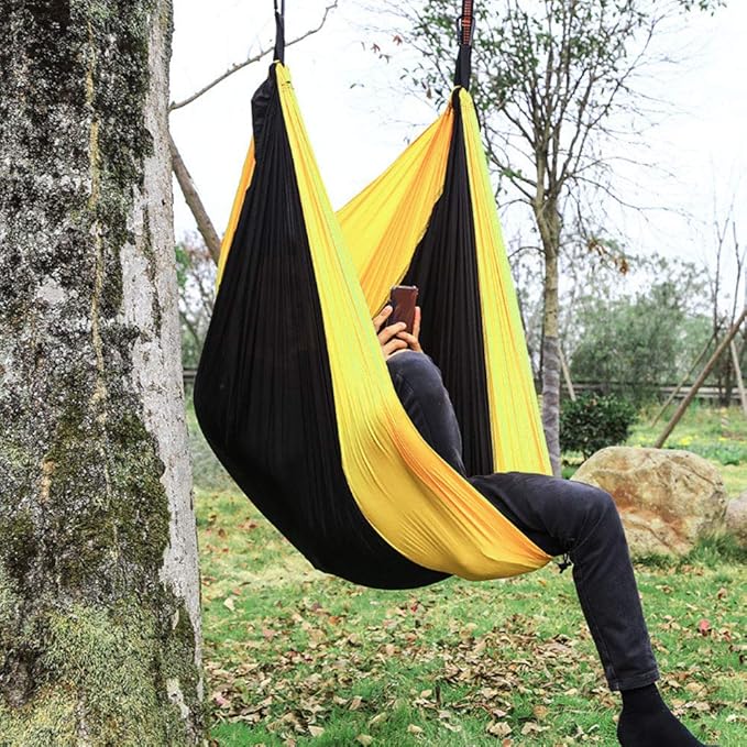 Hanging Chair Bed Dual Use Portable Hammock, Camping Hammock with Steel Buckles and Tree Straps, Sturdy Breathable 300T Polyester Outdoor Swing for Courtyard Corridor (Yellow Gray)