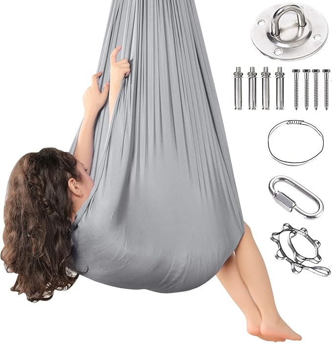 Yoga Swing for Kids Hammock Children Hangin Indoor Outdoor Autism Aspergers,ADHD Kids Hangin Therapy Swing 110inch x 59inch (Hardware Included) Silver Gray