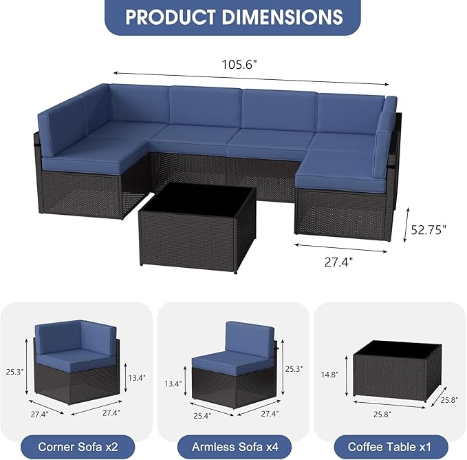 kinbor 7 Piece Outdoor Furniture Set - Waterproof Brown PE Wicker Patio Sofa with Cushions for Backyard, Poolside & Porch, Navy Blue