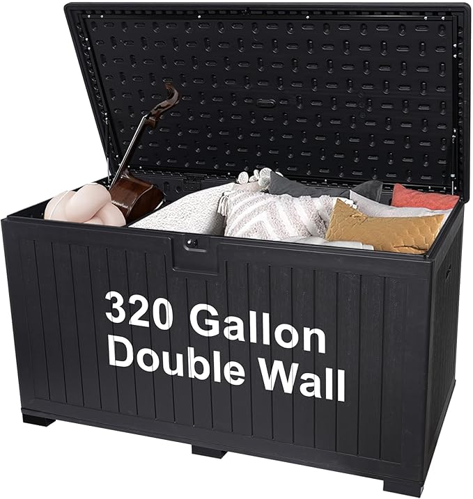 KUIKUI 320 Gallon Deck Box Waterproof, Extra Large Outdoor Storage Box Lockable with Divider and Lifter Prevent Water Seeping into from Floor for Patio Cushions