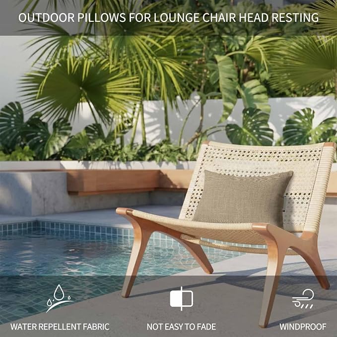 1PCS Outdoor Pillow for Chaise Lounge Chair Country Brown Linen Texture Waterproof Headrest Cushion with Insert Farmhouse Pure Color Style Lumbar Pillow for Beach Patio Poolside Office,11x16in