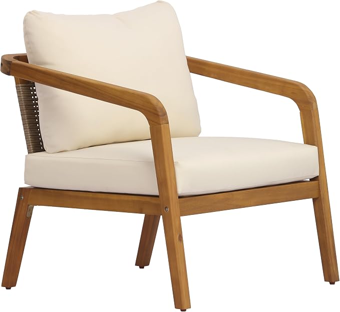 Merax Acacia Wood Outdoor Patio Club Chair with PE Wicker Backrest & Cushions– Modern Accent Armchair for Balcony, Poolside, and Sunroom