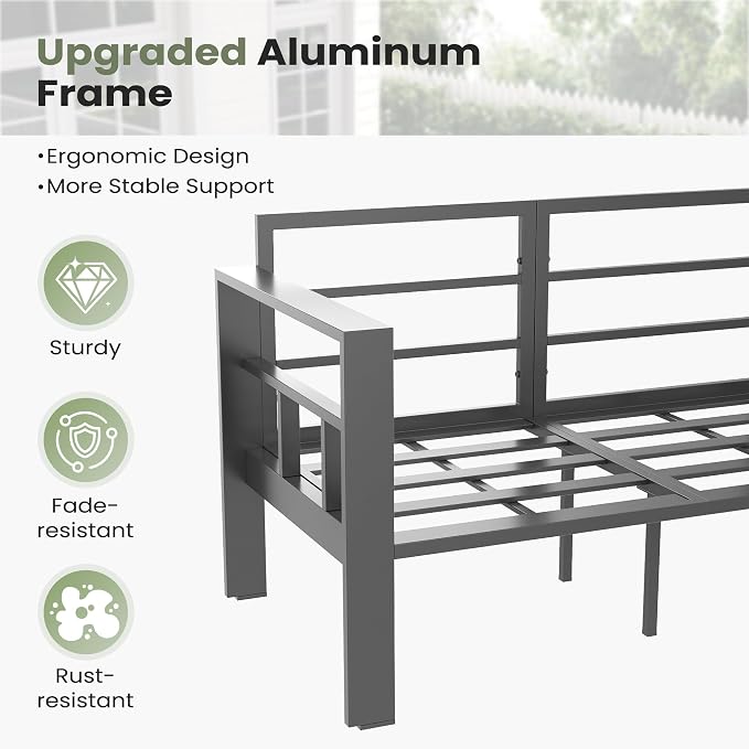 4 Piece Aluminum Patio Furniture Set, Thick Cushions, Aluminum Outdoor Sectional Conversation Set with Coffee Table for Porch, Backyard, Deck, Garden(Grey/Dark Grey-2)