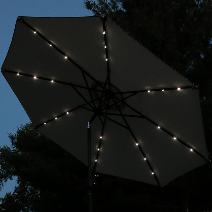 Sunnydaze 9 ft Outdoor Patio Umbrella with Solar Lights - Polyester LED Table Market Umbrella with Push-Button Tilt and Crank - Beige
