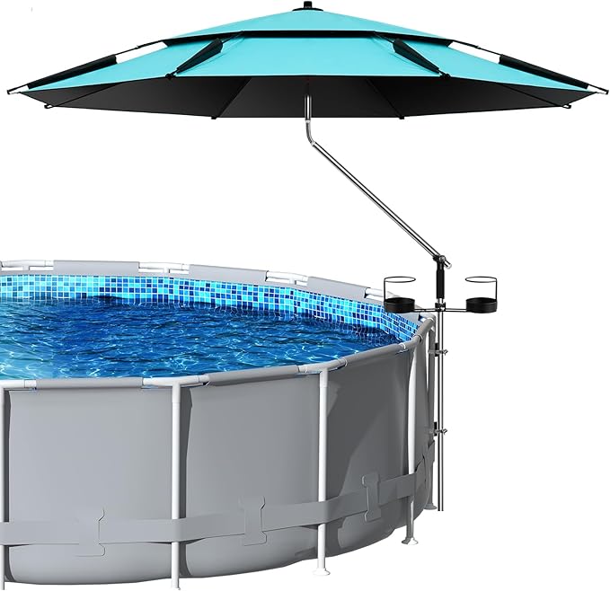 Above Ground Pool Shade Umbrellas - Outdoor Sunshade Canopy with 2 Pack Cup Holders Fits Most Oval Rectangular Swimming Pools - Patio Umbrella for Garden, Beach, Backyard, Poolside Accessories