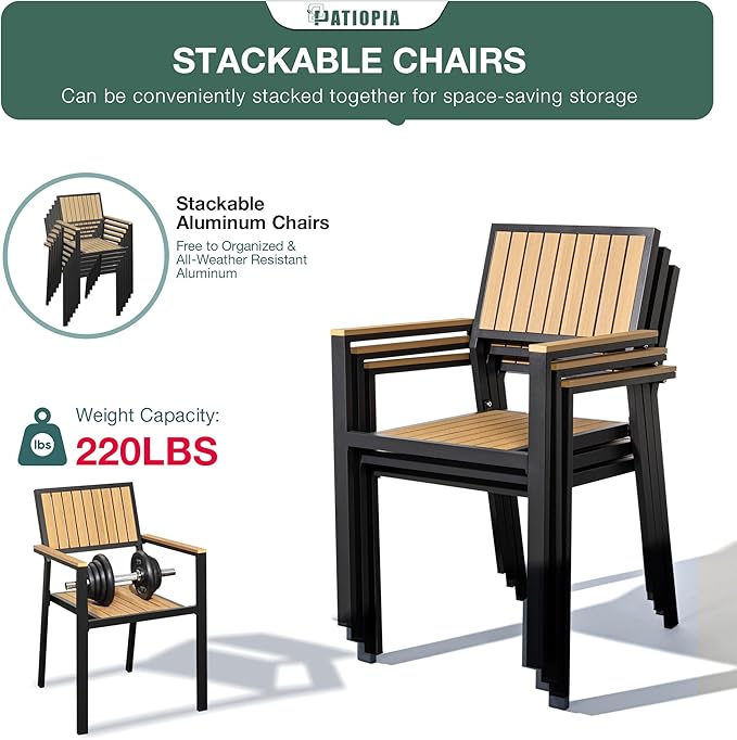 6-Piece Patio Dining Set, Outdoor Weather Resistant Plastic-Wood Table & 4 Stackable Chairs, Outdoor Durable Aluminum Frame Furniture for Garden, Poolside, Backyard (Teak, 6 PCS)